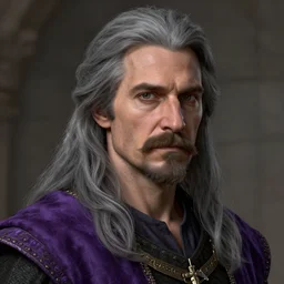 6 0 - year - old male noble with long gray hair wearing purple fine silks, mustache and soul patch, medieval setting, detailed face, highly detailed, artstation, concept art, sharp focus, by greg rutkowski, craig mullins, artgerm