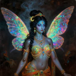 a baroque neoclassicist close - up portrait of a colorful retrofuturistic blacklight uv silhouette of a cyborg alien indian fairy goddess with iridescent wings. glowing fog in the background. renaissance portrait painting. highly detailed science fiction painting by norman rockwell, frank frazetta, and syd mead. rich colors, high contrast, gloomy atmosphere, dark background. trending on artstation