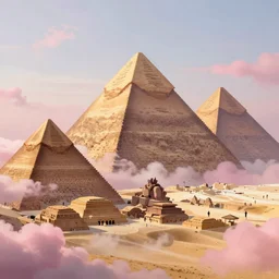 a detailed fantasy landscape of dreamy pyramids over the pink clouds by lauri blank, artgerm, evelyn de morgan, 8K, 50mm lens