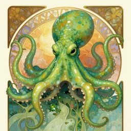 a movie poster for the film (green monster octopus) by Tom Whalen, by Alphonse Mucha, highly detailed, fantasy, artstation