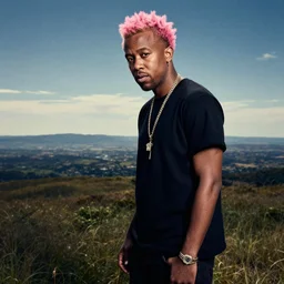 a photo of kayne west with ( ( pink hair ) ), studio photo, dynamic lighting, hdr, award winning photography, stunning scenery