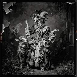 damaged kodak portra 4 0 0, wetplate, photo of a surreal artsy dream scene,, very beautiful model, weird fashion, grotesque, extravagant dress, strange pose, carneval, with an animal, wtf, photographed by paolo roversi style n 4