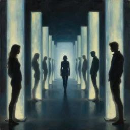 infinite hallway, pillars of light technology, dark woman silhouette, tim hildebrandt, bruce pennington, wayne barlowe, donato giancola, trending on artstation, cinematic composition, beautiful lighting, hyper detailed, 8 k, oil on canvas