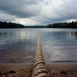 centered photograph of a single line of extra thick brown \ long rope floating on the surface stretching out to the center of the lake, a dark lake sandy shore on a cloudy day, color film, trees in the background, hyper - detailed kodak color film photo, anamorphic lens