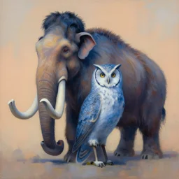 painting of hybrid between mammoth & owl, intercrossed animal, by zdzislaw beksinski, by tiffany bozic, cold hue's, warm tone gradient background, concept art, beautiful composition, digital painting