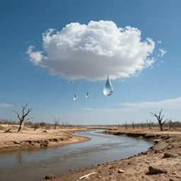 beautiful panorama of many magnificent big upside-down raindrops in a perfect cloudless blue sky above a dried up river, desolate land, dead trees, blue sky, hot and sunny highly-detailed, elegant, dramatic lighting, artstation, 4k, cinematic landscape, masterpiece photograph by National Geographic