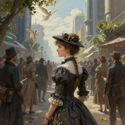 portrait of a victorian lady within a crowd of people in a futuristic city, from behind, streets, angels in the sky, trees, beautiful, solarpunk!!!, highly detailed, digital painting