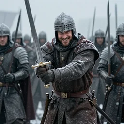 cinematic artwork of a medieval commander leading his army drawing his sword with a smile on his face, snowing by greg rutowski, 4 k, masterpiece