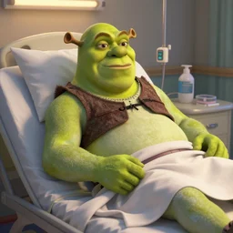 Shrek in a hospital bed, 8k resolution, HD Quality, highly detailed, very detailed, detailed, digital art, trending on artstation
