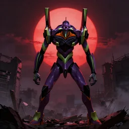 neon genesis evangelion, a huge eva unit 0 1 standing in the ruins of tokyo, red sun on the background, underworld, dark mood, cinematic light, 4 k, octane render, by antoine collignon trending on artstation