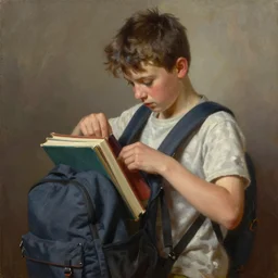 a boy stealing several books and putting them in his backpack, oil painting, ultradetailed, artstation, ultradetailed, digital painting, ultradetailed