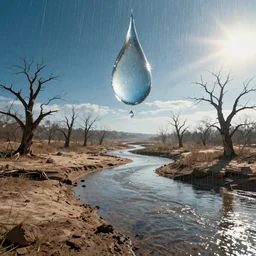 panorama of big raindrops floating above a dried up river in a desolate land, dead trees, blue sky, hot and sunny highly-detailed, elegant, dramatic lighting, artstation, 4k, cinematic landscape, photograph by Elisabeth Gadd