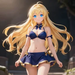 a very beautiful young anime girl with long blond hair waving her hand, full body, long wavy long blond hair, sky blue eyes, full round face, wizard bikini, miniskirt,, highly detailed, cinematic wallpaper by stanley artgerm lau