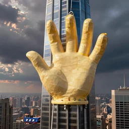 a giant sticky hand toy attached to a skyscraper