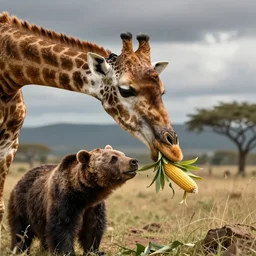 a photorealistic picture of a giraffe eating an ear of a bear, trending on art station, octane render