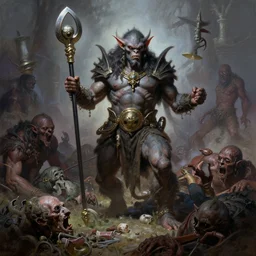 A goblin king stands on the corpses of his enemies, painting by Frank Frazetta, detailed, 4k