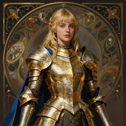 of Alice Zuberg, young woman with blonde hair and bangs wearing a golden ornate paladin armor with a blue cloak, dark fantasy, medium shot, intricate, elegant, highly detailed, digital painting, volumetric light, artstation, concept art, smooth, sharp focus, illustration, art by Gil Elvgren and Greg Rutkowski and Alphonse Mucha