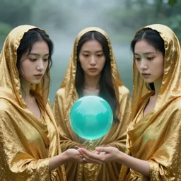 a closeup portrait of three women wrapped in gold, the three fates, standing next to a levitating turquoise orb, in a misty pond, color photograph, by vincent desiderio, canon eos c 3 0 0, ƒ 1. 8, 3 5 mm, 8 k, medium - format print