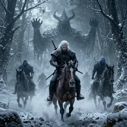 the wild hunt, spectres of the night, otherworldly, wraiths, bad omen, riding, weapons drawn, blizzard, storm, enchanted, forest, fog, snow, ice, dreamy, witcher 3, cinematic, breathtaking, vfx, octane, arnold, physically based rendering, unreal 5, cgi, concept art, trending in artstation, intricate details, dark fantasy, 8 k