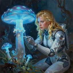 A mixed media portrait painting of a beautiful blonde biologist woman, nanosuit, examining a giant blue glowing mushroom in a mire, detailed Aesthetic! face and eyes, slavic, by Beeple, Frank Frazetta, Greg Rutkowski, Christian MacNevin, Boris Vallejo, epic fantasy character art, high fantasy, CGsociety, exquisite detail, post-processing, masterpiece, cinematic, crysis