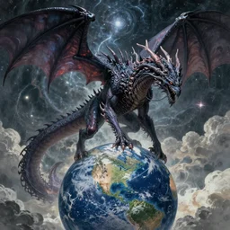 an epic demonic alien dragon demigod descending from the heavens and cosmos to consume the earth, by dan seagrave art