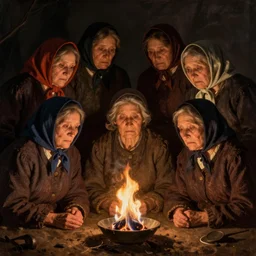 six old women in the dark looking at a fire, sad expressions, wearing hair scarfs, hyper detailed, trending on artstation, classic painting