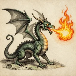 vintage drawing of a dragon breathing fire, parchment paper, 1 8 th century, cosmo sheldrake, hd