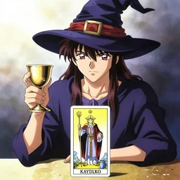 a mystical man with a goblet on the table, wizard hat, drawn by Naoko Takeuchi, tarot card. tarot card the magician
