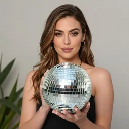 mila kunis holding up a reflective mirrored sphere