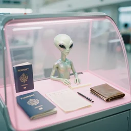 high fidelity film photographic alien study depicting passport control at an unknown 1 9 5 0 s airport, travel documents, personal items. iridescent hard surface. pastel pink perspex. three point light. soft focus.
