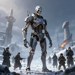 demonic t - 8 0 0 terminator in world war two eastern front setting, dieselpunk, winter concept art, artstation, stephen bliss, unreal engine, art by greg rutkowski, loish, rhads, ferdinand knab, makoto shinkai and lois van baarle, pixar, rossdraws, tom bagshaw, global illumination, radiant light, detailed and intricate environment