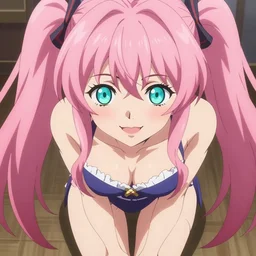 stunningly beautiful omnipotent megalomaniacal anime goddess who looks like junko enoshima with symmetrical perfect face and porcelain skin, pink twintail hair and mesmerizing cyan eyes, looking down upon the viewer and taking control while smiling in a mischievous way, mid view from below her feet, hyperdetailed, 2 d anime, 8 k