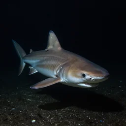 eyeless blind albino shark from inside deep dark freshwater lake cavern, black background, very dark dim lighting, legendary award winning underwater nature photography