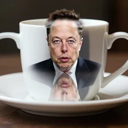 reflection of elon musk in a coffee cup