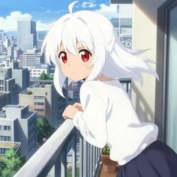 anime visual exterior of an apartment balchony with a young girl with white hair and red eyes looking out onto the city, cute face by yoshinari yoh, makoto shinkai, kyoani, masakazu katsura, dynamic pose, crisp and sharp, yoshinari yoh, ilya kuvshinov, rounded eyes, anime poster