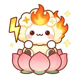kawaii wacky fluffy popcorn with lightning bolt power, yokai, in the style of a mamashiba, with a smiling face and flames for hair, sitting on a lotus flower, white background, simple, clean composition, symmetrical