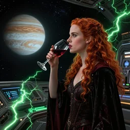 a highly detailed matte painting of emma watson as a red haired vampire sorceress, drinking wine, standing in a space station and looking at jupiter, sci fi and fantasy, viewed in profile from far away, crackling green lightning, ultrawide lens, art by artgerm and greg rutkowski and alphonse mucha, volumetric lighting, octane render, 4 k resolution, trending on artstation, masterpiece