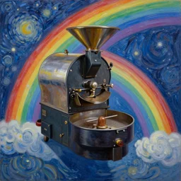 coffee roaster machine flying through space oil painting rainbow colors painted by van Gogh