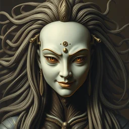 perfectly centered portrait, front view of a beautiful android alien robot buddha, female, flowing hair, intense stare, sarcastic smile, symmetrical, concept art, intricate detail, volumetric shadows and lighting, realistic oil painting by zdzisław beksinski,