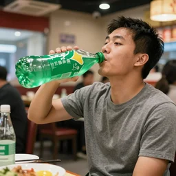 man drinking a giant bottle of sprite at a restaurant high resolution photo