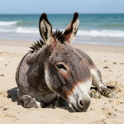 realistic photo of a donkey sunbathing at the beach