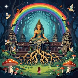 samadhi, enchanted cosmic forest, roots from angkor wat, mushrooms on the ground, small fairies, stars in the sky, butterflies, rainbows, vector art, optical illusion, heavenly underwater, 4 k, fantasy poster by helen huang and frank frazetta and salvador dali