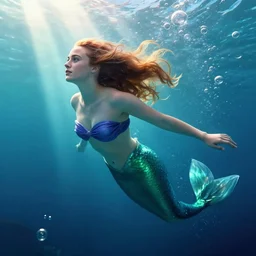 sophie turner as the little mermaid underwater by Stanley Artgerm Lau, WLOP, James Jean, Andrei Riabovitchev, Marc Simonetti, Yoshitaka Amano, ArtStation, CGSociety, hair floating, bubbles vfx, cinematic lighting, god ray