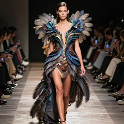 women's clothing inspired by nicobar pigeon, avant garde fashion, model walking on catwalk during fashion week in nyc, designed by oscar de la renta, high resolution
