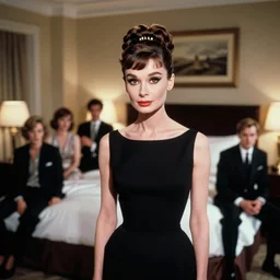 a fashion hotel room photo portrait of a young Katherine Hepburn, full makup, smokey eye, medium shot. In the style of Helmut newton, robert maplethorpe, Stefano Brunesci, Lachlan Bailey, Herb Ritts, Ellen Von Unwerth, Haris Nukem.
