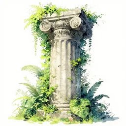 a beautiful brutalist concrete roman pillar, with exuberant vegetation, art watercolor by yoshitaka amano, trending on artstation