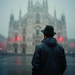 analog portrait photograph of a man from the back wearing a raincoat and a hat in a cathedral and thick fog and mist at night by alex prager and mark owen. red lights. bokeh. cinematic. hq. detailed. contrast. cinestill 8 0 0 t