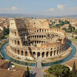 a colosseum like arena with it's central part surrounded by a ditch with water, view from the sky, detailed painting, 8 k,