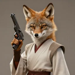 beautiful portrait of a female anthropomorphic coyote fursona wearing jedi robes holding a blaster pistol in her right hand. detailed hands. character design by charlie bowater, ross tran, artgerm, and makoto shinkai, detailed, soft lighting, rendered in octane