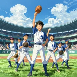 poster of young baseball players winning in koshien stadium, blue sky and white clouds, the feeling of summer, intricate, highly detailed, digital painting, artstation, concept art, sharp focus, illustration, art by makoto shinkai, lois van baarle, ilya kuvshinov, greg rutkowski and alphonse mucha, 8 k